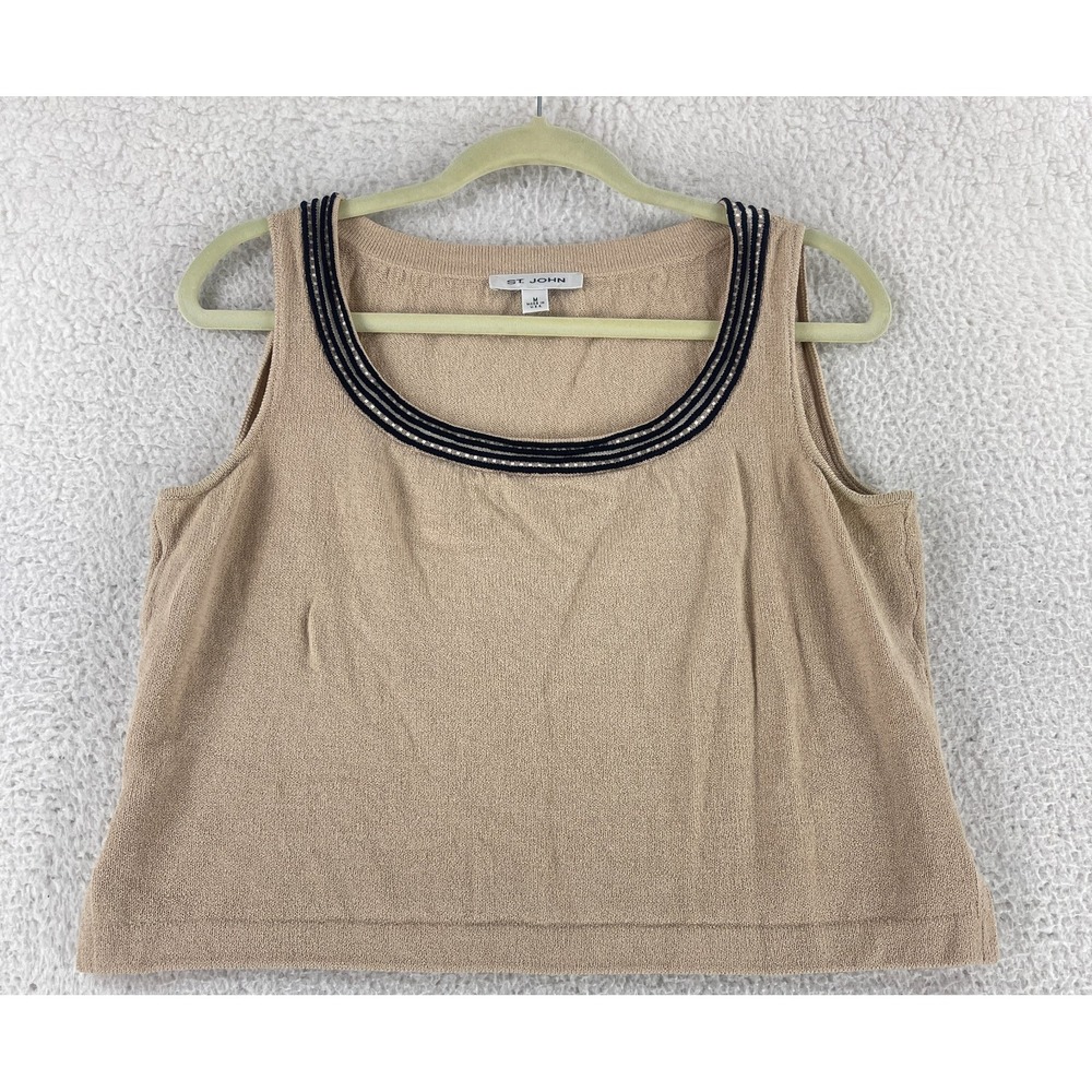 St. John Tank Top Womens Medium Beige Embroidered Trim Sleeveless Knit Cropped